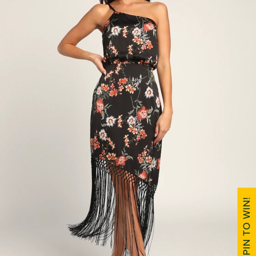 black floral print satin one shoulder fringe dress